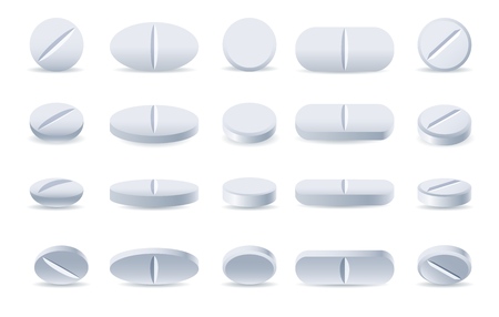 Pills. White medicine tablets isolated on white background, different round and oblong drugs collection vector illustrationのイラスト素材