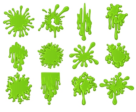 Slime splats. Dirt dripping green slime splodge set vector illustrationのイラスト素材