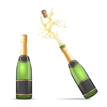Champagne bottle isolated. Vector bottles of champagne, closed and with popping cork splash isolated on white backgroundのイラスト素材
