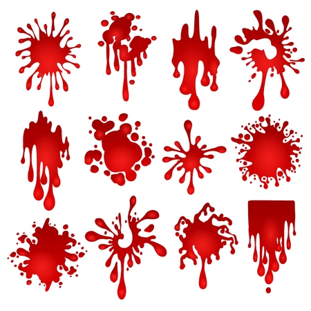 Blood blots. Blood splats vector illustration or hematic splash stain set isolated on white backgroundのイラスト素材