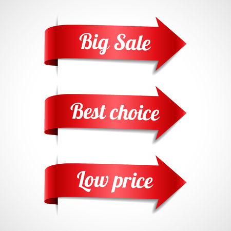 Set of decorative sale red ribbon arrows with text, vector illustrationのイラスト素材