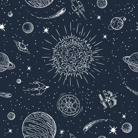 Solar system doodle pattern. Space planetary seamless background, cosmos galaxy astronomical vector...
