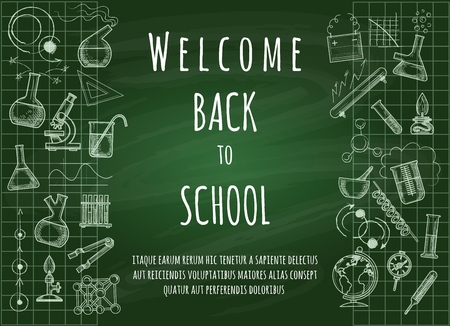 Welcome back to school. Green chalk board doodle education background for students and teachers, vector illustrationのイラスト素材