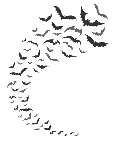 Bats swarm. Vector dark bats silhouettes swirl flying for nocturnal halloween october nature decorationのイラスト素材