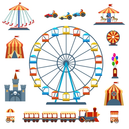 Amusement park isolated entertainments. Wheels rides and amusement ferry, carnival tent and kids recreation isolated on white, vector illustrationのイラスト素材