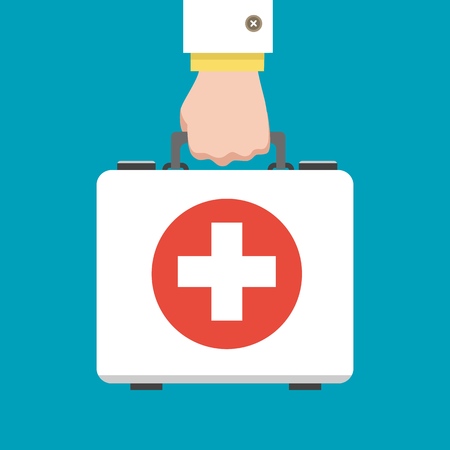 Doctor first aid kit. Hand hold medical bag vector illustrationのイラスト素材