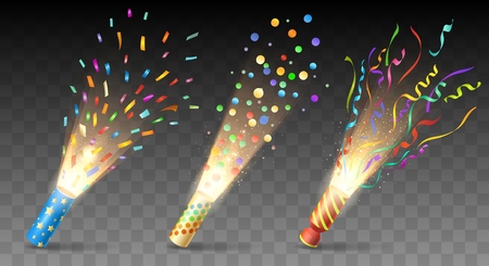 Party poppers. Confetti exploding vector, parties popper set isolated on transparent for festive, birthday or xmas celebration decorのイラスト素材