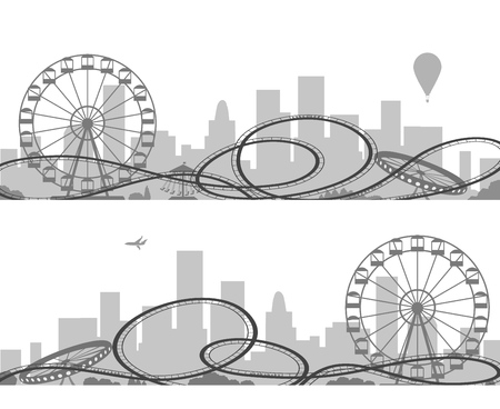 Amusement park silhouettes. Vector black and white adventure park theme design isolated on white backgroundのイラスト素材