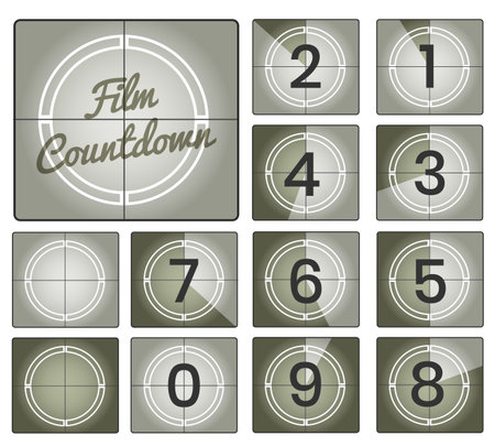 Film countdown. Movie numbers countdown backgrounds, old camera vintage counting frames collection, vector illustrationのイラスト素材