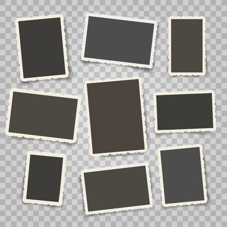 Retro photo frames templates. Old photoframe or vintage postcard template set, old pictures with ornate borders and corners, vector illustrationのイラスト素材
