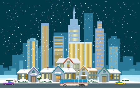 Winter cityscape flat. Vector illustration of town street with snowのイラスト素材
