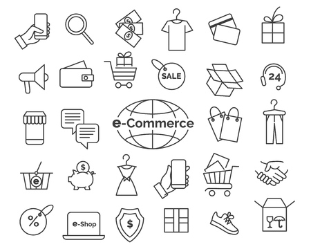 E-commerce line icons. Online shopping and delivery elements in thin line style, web retail icon set, simple vector illustrationのイラスト素材