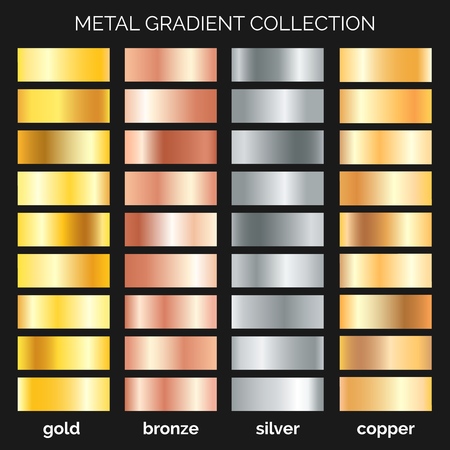 Metallic gradations. Argent and copper gradients, gold and bronze metals, silver texture, rose iron frame, polished metal or foil, vector illustrationのイラスト素材