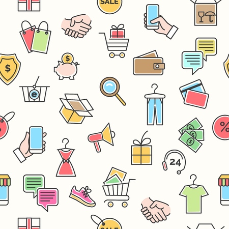Online retail pattern. Web shopping business icons square seamless background for e-commerce sale decoration, vector illustrationのイラスト素材