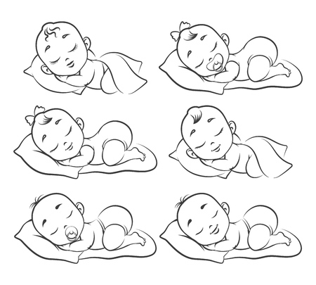 Newborn baby sketch. Hand drawn sleeping babies isolated on white, happy human girl and boy toddlers, drawing kids vector illustrationのイラスト素材