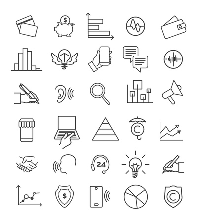 Digital marketing icons. Analysis of market growth, setting of destination and computer paperwork, meeting with customers symbolsのイラスト素材
