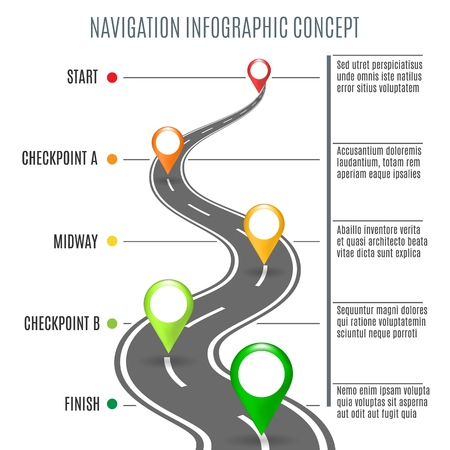 Road map concept. Highway road background for business infographic, vector roadtrip illustration symbols for success navigationのイラスト素材
