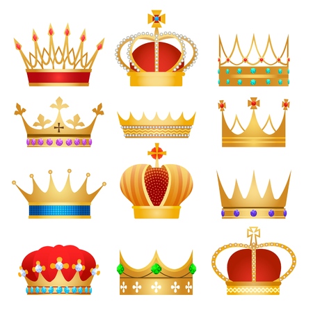 Gold king crowns. Golden royal crown set vector illustration, coronation jewels for noble monarch isolated on white backgroundのイラスト素材