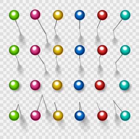 Colorful thumbtacks. Metal color pushpins isolated on transparent background, vector push pins with round pushing heads for cork boardのイラスト素材