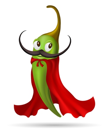 Pepper cape character. Mexican superhero green pepper with long mustache in red cloak costume vector illustrationのイラスト素材