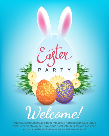 Easter party invitation. Happy ostern kids celebrating traditional holiday poster or flyer template vector conceptのイラスト素材