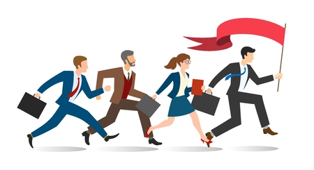 Business team running. Persons waving flag and jogging follow leader to professional triumph corporate winning vector illustrationのイラスト素材