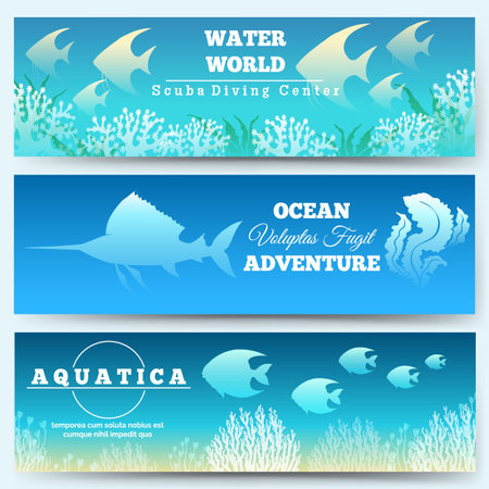 Underwater scene banners. Ocean under decoration banner set with fishes silhouettes, deep sea water world diving sciences vector illustrationのイラスト素材