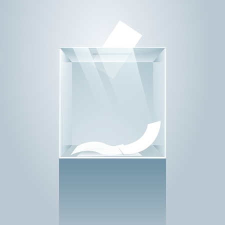 Ballot box. Glass voting case on podium, vote paper container vector illustration, box for suggestions and elections, ballots or votingのイラスト素材