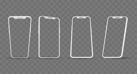 White phone angles frames. Silver smartphone perspective illustrations, empty screen presentation mobile phone design isolated on transparent, vector illustrationのイラスト素材