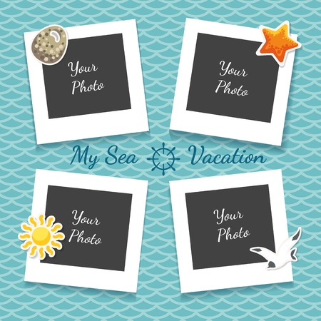 Sea vacation photo collage. Children sea holidays photographic frame templates for vintage album creative design with scrapbook paper elements, vector illustrationのイラスト素材