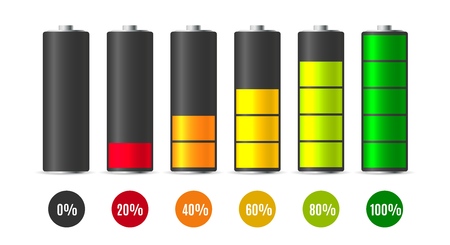 Battery charge. Mobile devices lithium batterie loading vector icons, low and full charging indicators, colourful batteries load level signsのイラスト素材