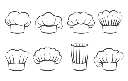 Cook chef hats icons. Hand drawn chefs toque vector illustration, kitchen cooker caps isolated on white backgroundのイラスト素材