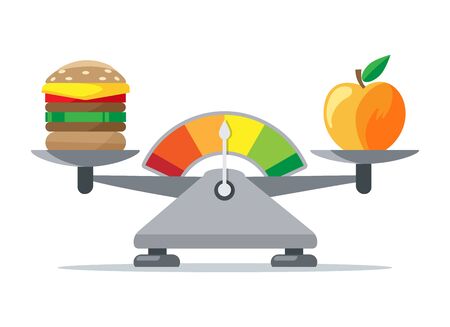 Scales of woman eating. Apple fruit healthy food and unhealthy cheeseburger green to red excess weight balancing vector illustrationのイラスト素材