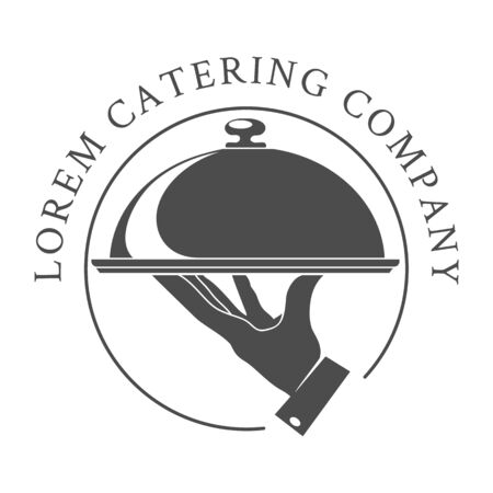 Catering emblem. Cater company vector catered restaurant  for hot outdoor food service with waiter hand and dish on whiteのイラスト素材