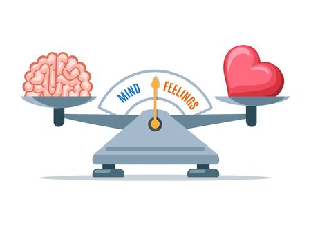 Emotional balance. Cartoon heart emotions and intelligence logic scale balancing vector illustrationのイラスト素材