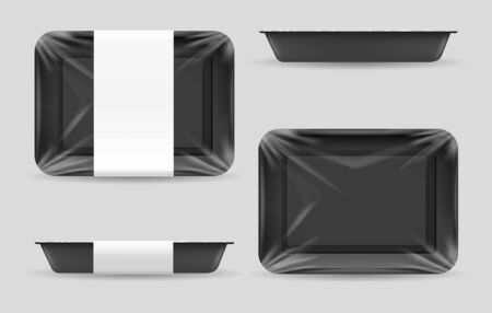 food storage. Dark food plastic tray, black foam meal container, empty fresh foods box vector illustration isolated on white backgroundのイラスト素材