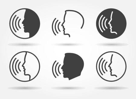 Speaking icons. Talk or talking person sign, man with open mouth, speech icon for interview, interact and talks controls, vector illustrationのイラスト素材