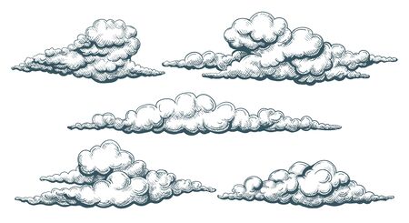 Vintage cloudscape. Clouds sketch illustrated drawing, hand drawn cloud set in sky, decorative retro nature overcast, vector illustrationのイラスト素材