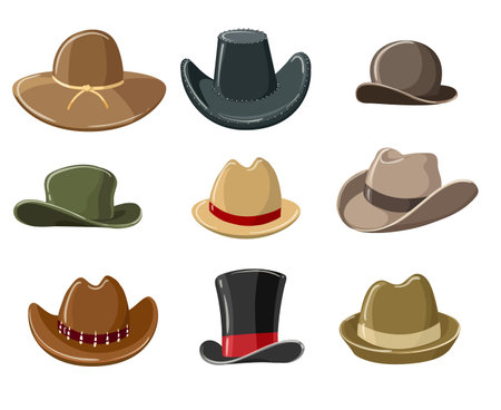 Cartoon hats for men. Vector headdress or headgear for gentleman, caps for western cowboy man, different headwear celebrities costumeのイラスト素材