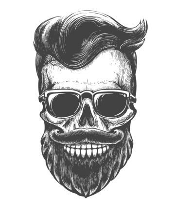 Bearded skull face tattooed. Skeleton head with mustache, beard and sunglasses black vector illustrationのイラスト素材