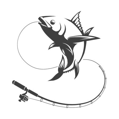 Tuna fish and fishing rod. Salmon fishing on lures vector illustration, big catch or fisher catfish trophy image for labelのイラスト素材