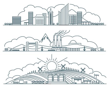 Urban landscape linear. Ecology simple outline suburban street system with building and parks vector line style setのイラスト素材