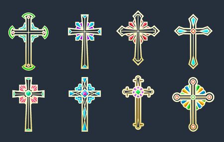 Gold jesus crosses. Decorative vector catholic god cross collection, christ praying signs with ornaments, different golden crucifixes, vector illustrationのイラスト素材