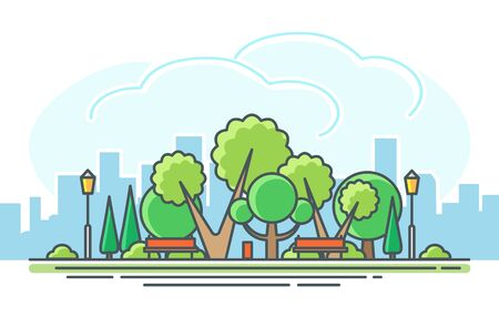 Cartoon park lawn. Green city recreation landscape with bench and trees linear isolated vector backgroundのイラスト素材