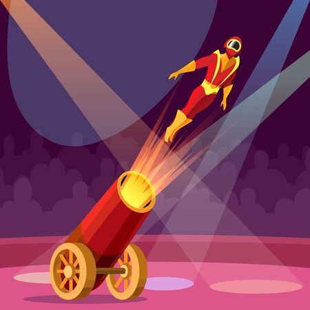 Man cannon shot. Circus cannon show with human cannonball, cartoon extreme gun shooting event with red background and performer in helmetのイラスト素材