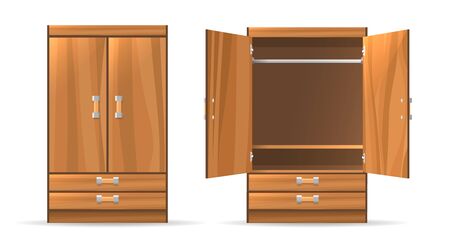 Opened and closed wardrobe. Vector empty wooden interior cabinet storage, old cartoon wood closet with open and closed doors isolated on white backgroundのイラスト素材