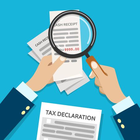 Income check for taxes. Tax inspector holding magnifying glass and check up business receipt vector illustrationのイラスト素材