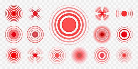 Pain pointings. Different muscles, bones and head vector ache pointing set, painkillers remedies targets circle iconsのイラスト素材
