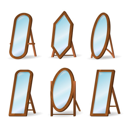 Wooden floor mirrors. Home styling mirror set isolated on white background, wood frame decor floormirrors fashion furnitures in elegent country style for girl bedroom vector imageのイラスト素材