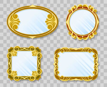 Gold decoration mirrors. Square and ellipse oval mirror set with golden royal wooden vintage frames isolated on transparent background, vector illustrationのイラスト素材
